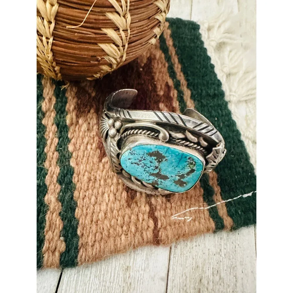 Handcrafted Old Pawn Turquoise & Sterling Silver Cuff Bracelet - Picture 4 of 7
